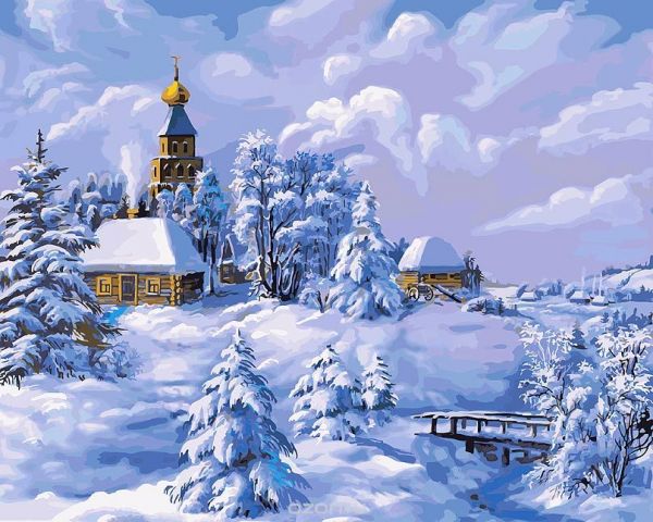 Живопись на холсте "Зима в деревне", 40 см х 50 см
